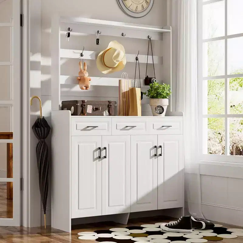 Shoe Storage, Shoe Cabinet with Four Doors and Coat Rack, 3 Drawers, 8 Shelves, Shoe Organizer for Hallway, Entryway, Living Room