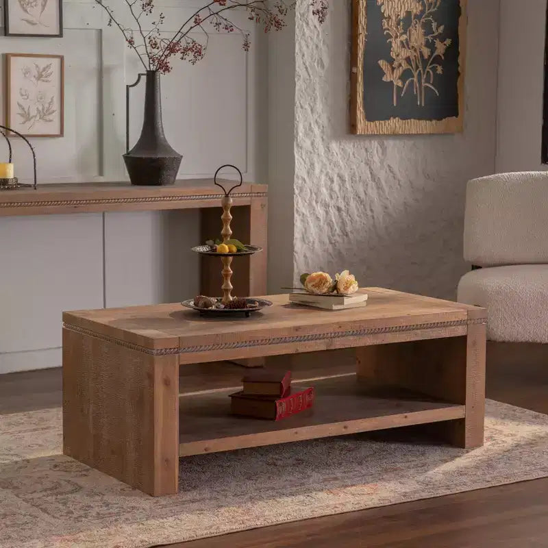 Rustic Rectangle Coffee Table with Storage Shelf, Solid Wood 2-Tier Large Center Table Accent Table, Natural - ModernLuxe