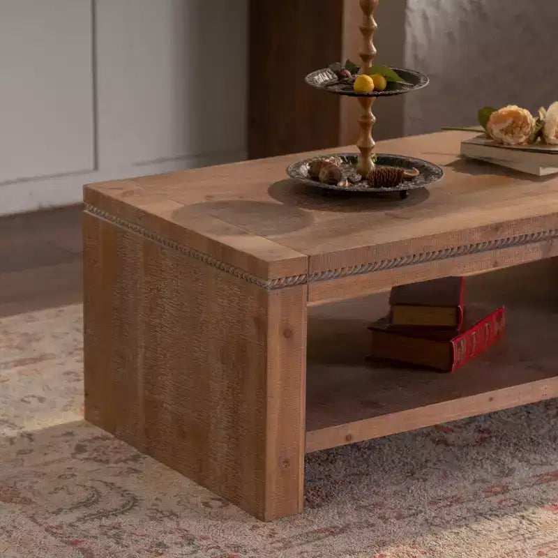 Rustic Rectangle Coffee Table with Storage Shelf, Solid Wood 2-Tier Large Center Table Accent Table, Natural