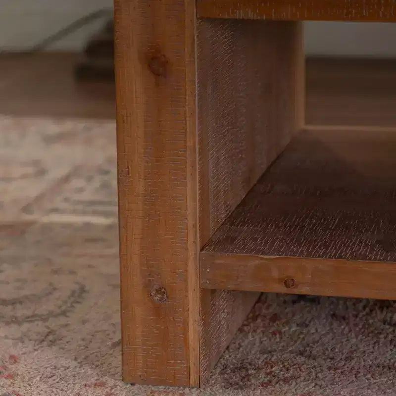 Rustic Rectangle Coffee Table with Storage Shelf, Solid Wood 2-Tier Large Center Table Accent Table, Natural