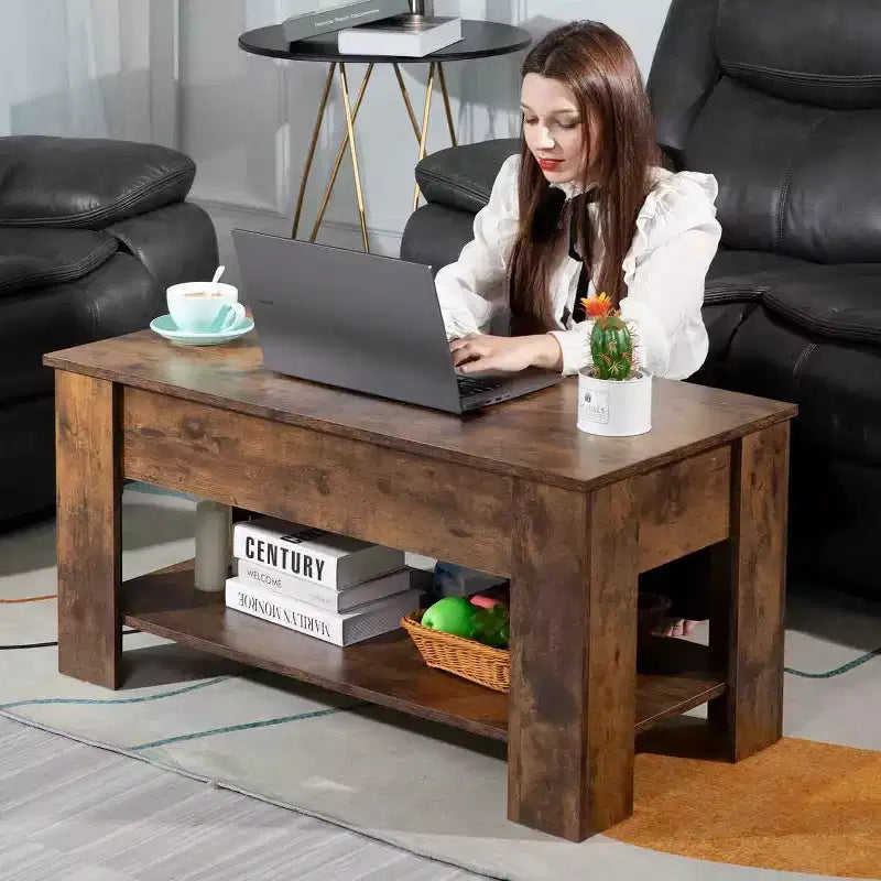 Lift Top Coffee Table with Hidden Compartment and Storage Shelf Wooden Lift Tabletop for Home Living Room Reception Room Office,39.4,Brown