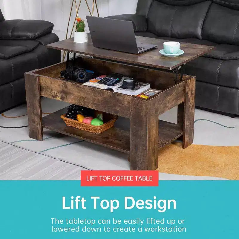 Lift Top Coffee Table with Hidden Compartment and Storage Shelf Wooden Lift Tabletop for Home Living Room Reception Room Office,39.4,Brown