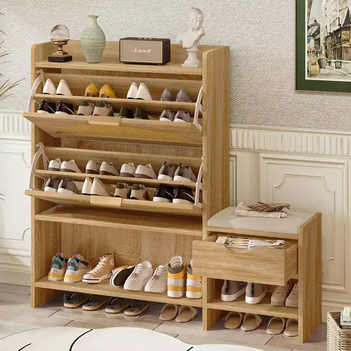 47.2in Shoe Cabinet, Freestanding Shoe Organizer with 2 Flip Drawers and 1 Large Shelf, Shoe Storage Cabinet for Entryway, Living Room, Brown