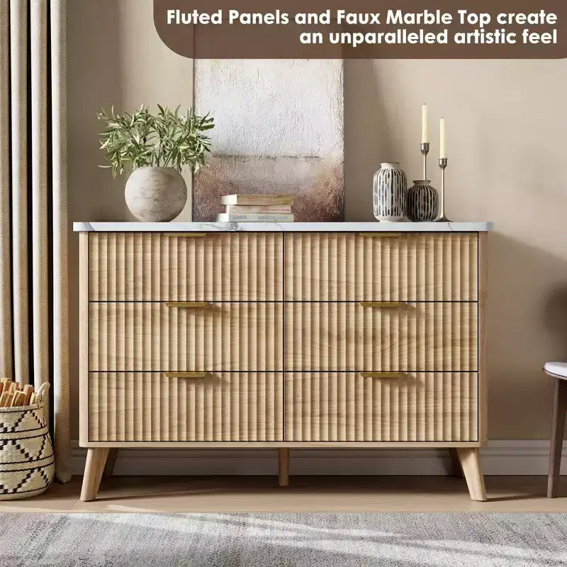 6 Drawer Dresser, 47.2 Inch Wide Modern Chest with Fluted Wood Drawers & Gold Handles, Curved Profile Design Dresser for Bedroom & Living Room