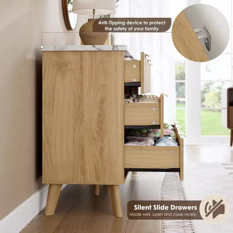 6 Drawer Dresser, 47.2 Inch Wide Modern Chest with Fluted Wood Drawers & Gold Handles, Curved Profile Design Dresser for Bedroom & Living Room
