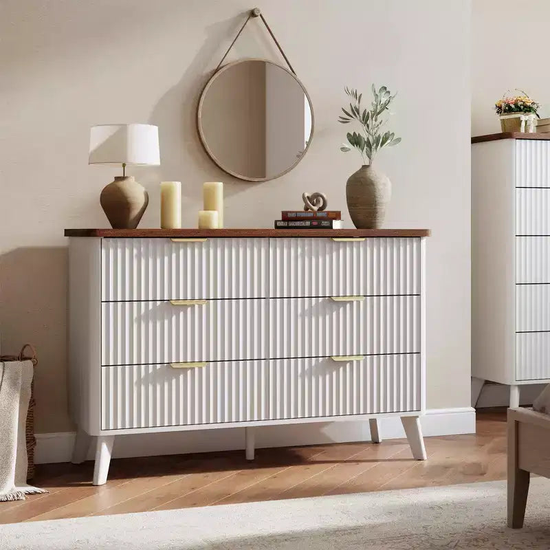 6 Drawer Dresser, 47.2 Inch Wide Modern Chest with Fluted Wood Drawers & Gold Handles, Curved Profile Design Dresser for Bedroom & Living Room