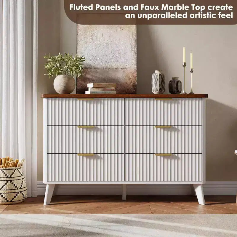 6 Drawer Dresser, 47.2 Inch Wide Modern Chest with Fluted Wood Drawers & Gold Handles, Curved Profile Design Dresser for Bedroom & Living Room