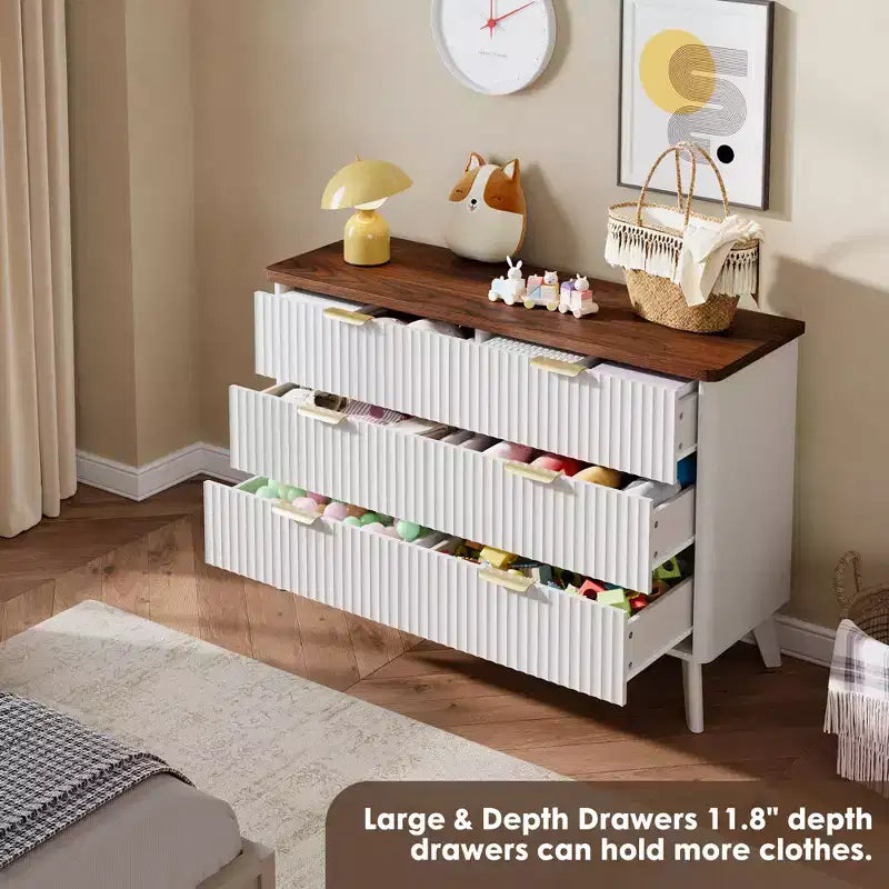 6 Drawer Dresser, 47.2 Inch Wide Modern Chest with Fluted Wood Drawers & Gold Handles, Curved Profile Design Dresser for Bedroom & Living Room