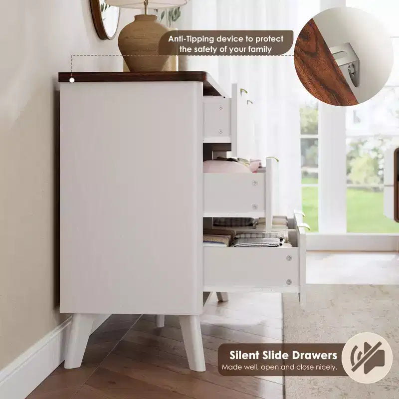 6 Drawer Dresser, 47.2 Inch Wide Modern Chest with Fluted Wood Drawers & Gold Handles, Curved Profile Design Dresser for Bedroom & Living Room