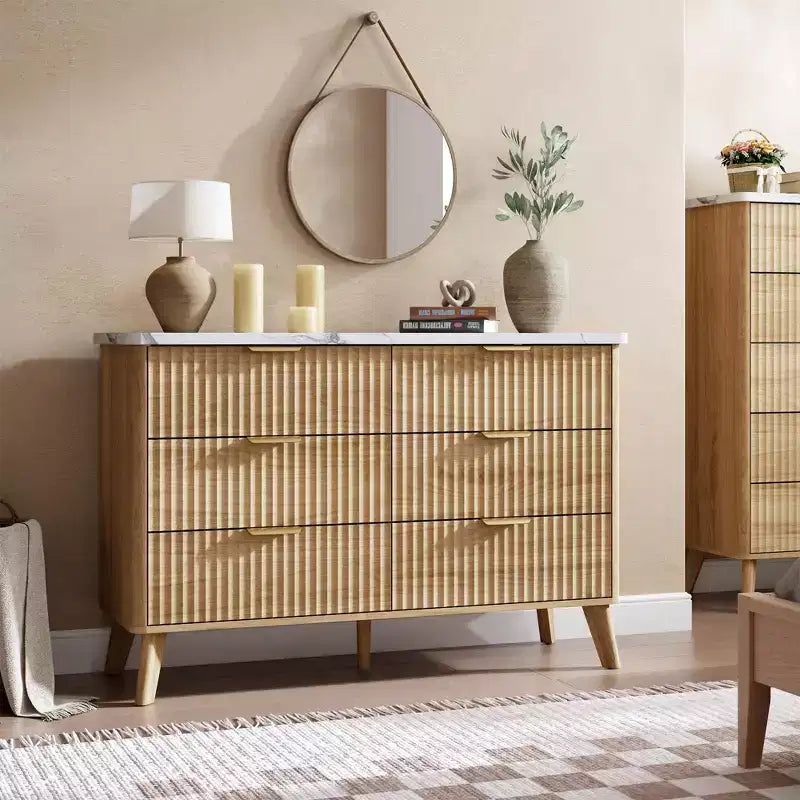 6 Drawer Dresser, 47.2 Inch Wide Modern Chest with Fluted Wood Drawers & Gold Handles, Curved Profile Design Dresser for Bedroom & Living Room