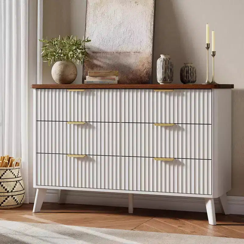 6 Drawer Dresser, 47.2 Inch Wide Modern Chest with Fluted Wood Drawers & Gold Handles, Curved Profile Design Dresser for Bedroom & Living Room