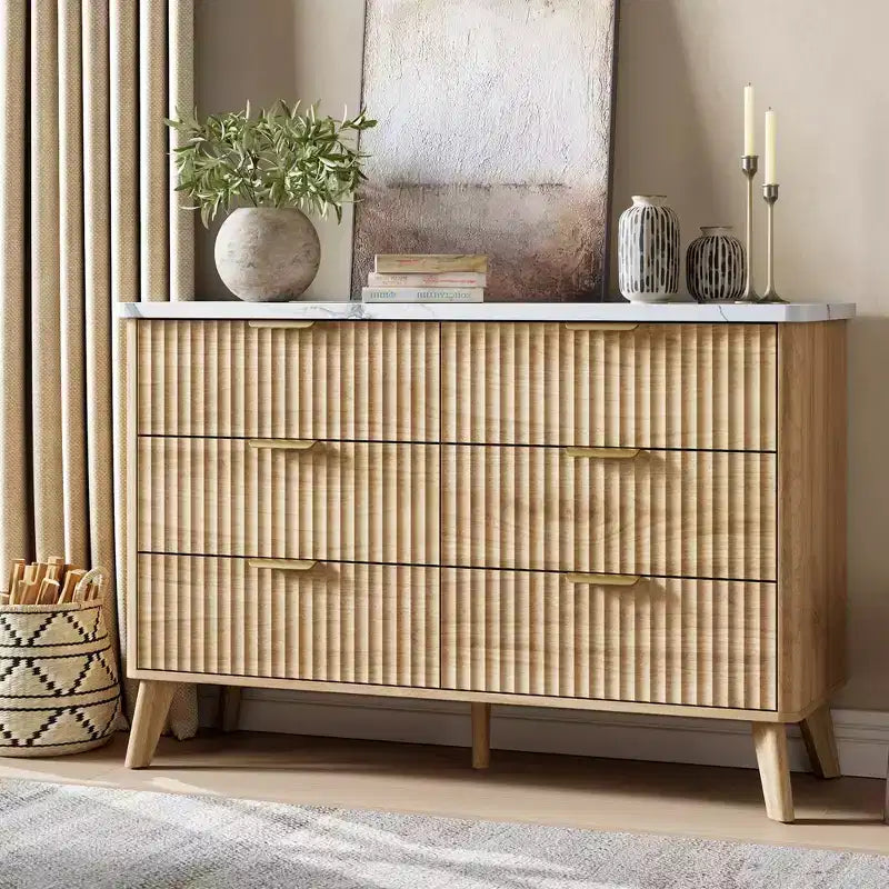 6 Drawer Dresser, 47.2 Inch Wide Modern Chest with Fluted Wood Drawers & Gold Handles, Curved Profile Design Dresser for Bedroom & Living Room