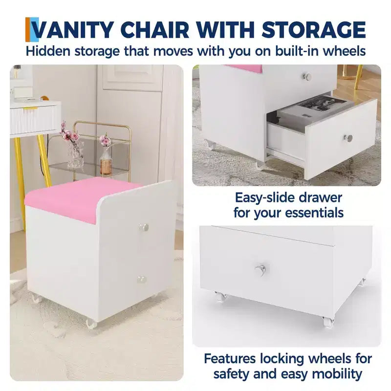 Vanity Stool Chair with Storage with Wheels, Upholstered Space-Saving Makeup Chair, Multi-Functional Ottoman Bench, for Bedroom, Living Room