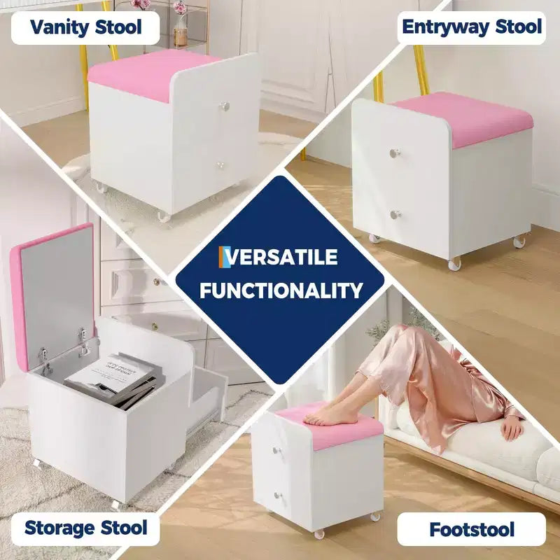 Vanity Stool Chair with Storage with Wheels, Upholstered Space-Saving Makeup Chair, Multi-Functional Ottoman Bench, for Bedroom, Living Room