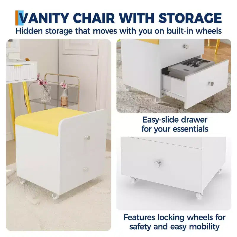 Vanity Stool Chair with Storage with Wheels, Upholstered Space-Saving Makeup Chair, Multi-Functional Ottoman Bench, for Bedroom, Living Room