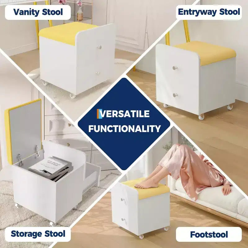 Vanity Stool Chair with Storage with Wheels, Upholstered Space-Saving Makeup Chair, Multi-Functional Ottoman Bench, for Bedroom, Living Room