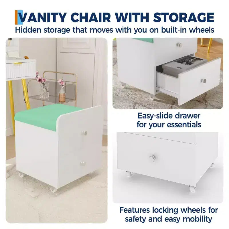 Vanity Stool Chair with Storage with Wheels, Upholstered Space-Saving Makeup Chair, Multi-Functional Ottoman Bench, for Bedroom, Living Room