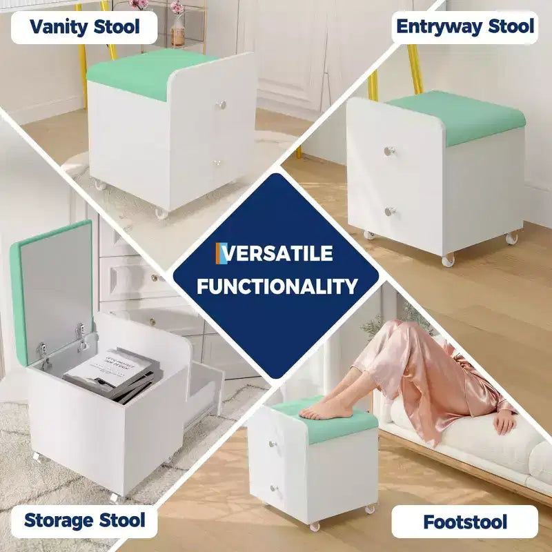 Vanity Stool Chair with Storage with Wheels, Upholstered Space-Saving Makeup Chair, Multi-Functional Ottoman Bench, for Bedroom, Living Room