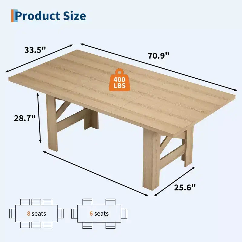 71 Large Farmhouse Dining Table for 6-8, Wooden Barn Kitchen Table w/ Sturdy Triangular Legs, Thickened Tabletop Only for Dining Room & Office