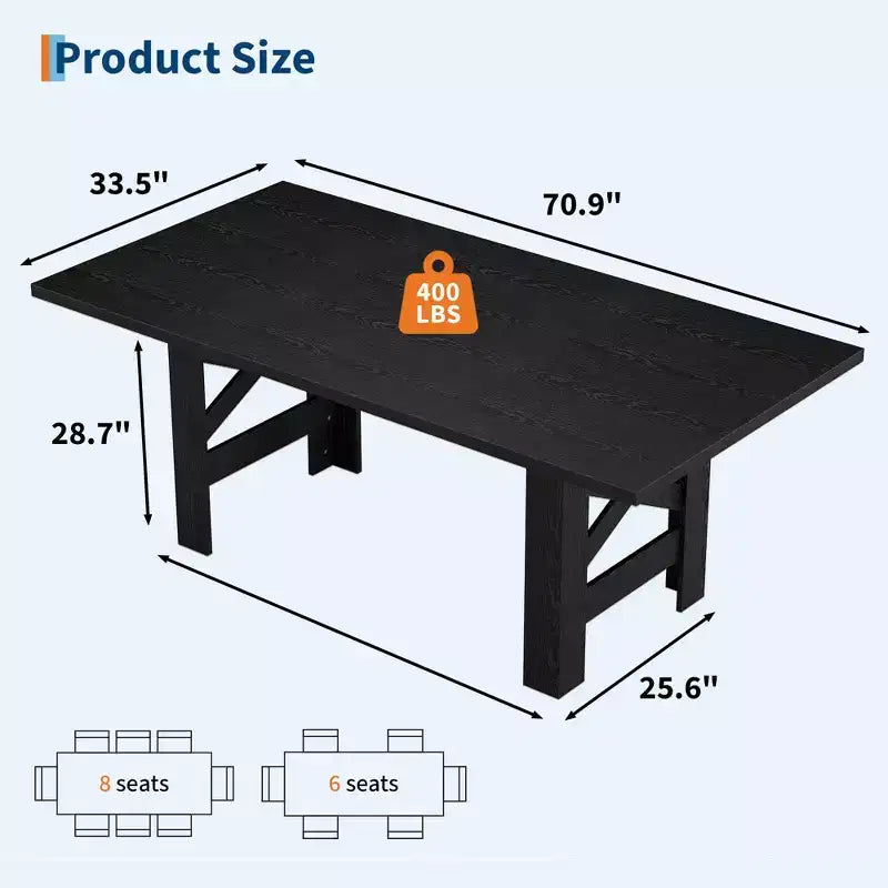71 Large Farmhouse Dining Table for 6-8, Wooden Barn Kitchen Table w/ Sturdy Triangular Legs, Thickened Tabletop Only for Dining Room & Office