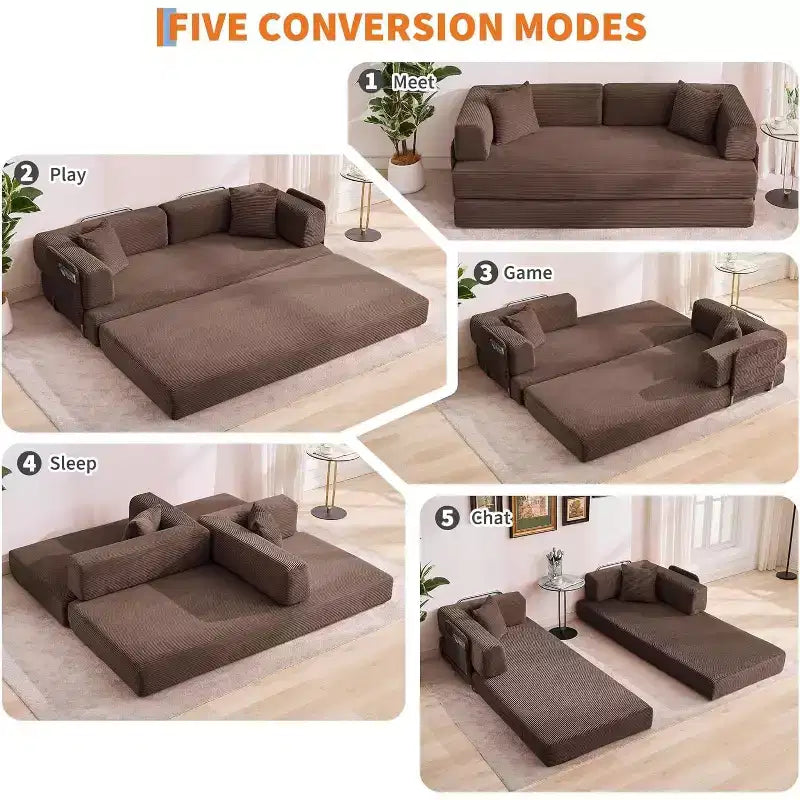 Convertible Chaise Lounge Sofa Bed, 78.8in Oversized Folding Chair with Pillow, Micro-Stripe Fabric for Living Room Apartment Dorm Guest Room