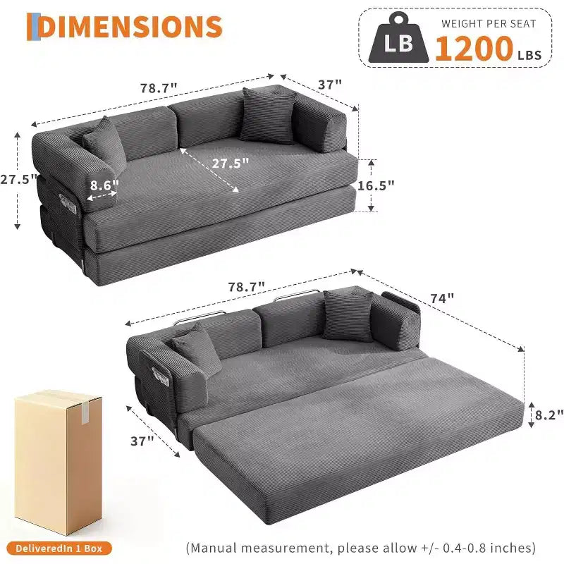 Convertible Chaise Lounge Sofa Bed, 78.8in Oversized Folding Chair with Pillow, Micro-Stripe Fabric for Living Room Apartment Dorm Guest Room