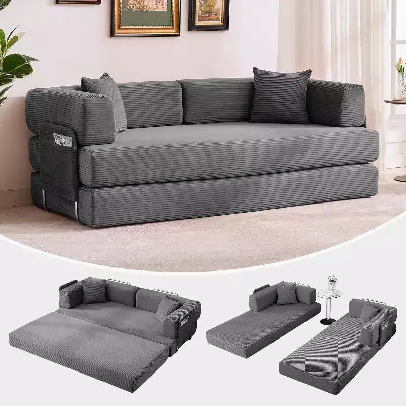 Convertible Chaise Lounge Sofa Bed, 78.8in Oversized Folding Chair with Pillow, Micro-Stripe Fabric for Living Room Apartment Dorm Guest Room