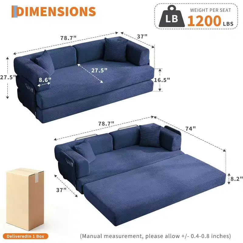 Convertible Chaise Lounge Sofa Bed, 78.8in Oversized Folding Chair with Pillow, Micro-Stripe Fabric for Living Room Apartment Dorm Guest Room