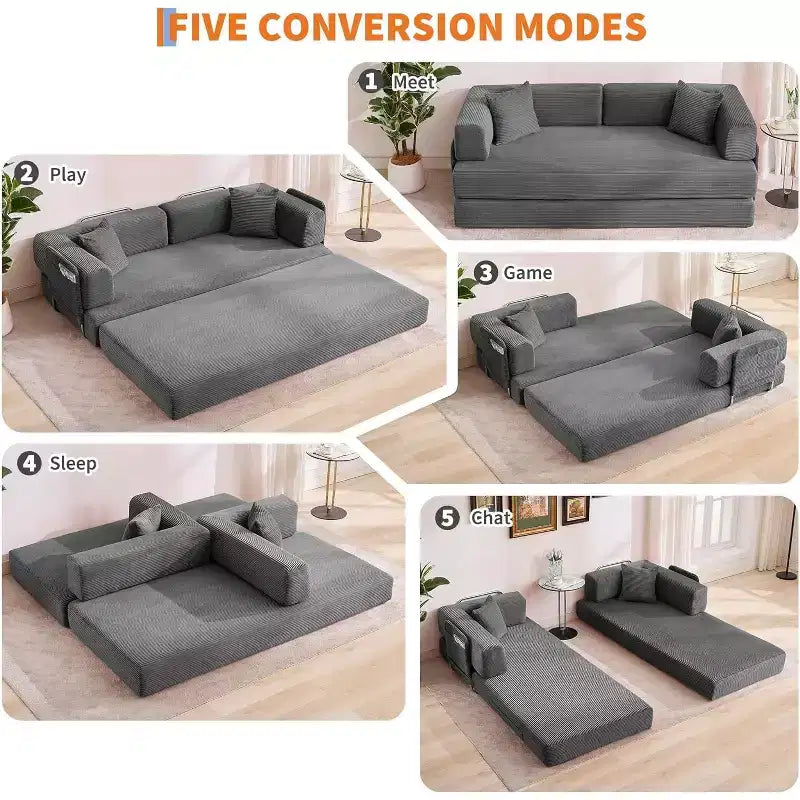 Convertible Chaise Lounge Sofa Bed, 78.8in Oversized Folding Chair with Pillow, Micro-Stripe Fabric for Living Room Apartment Dorm Guest Room