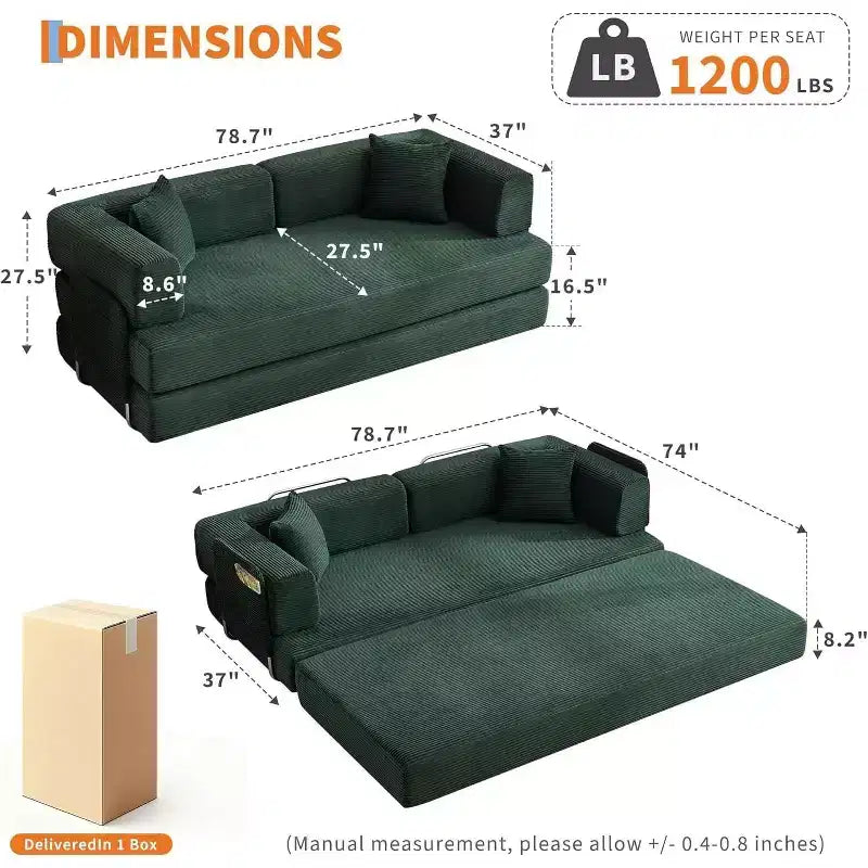 Convertible Chaise Lounge Sofa Bed, 78.8in Oversized Folding Chair with Pillow, Micro-Stripe Fabric for Living Room Apartment Dorm Guest Room