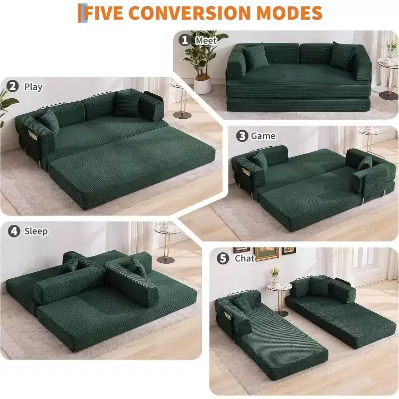 Convertible Chaise Lounge Sofa Bed, 78.8in Oversized Folding Chair with Pillow, Micro-Stripe Fabric for Living Room Apartment Dorm Guest Room
