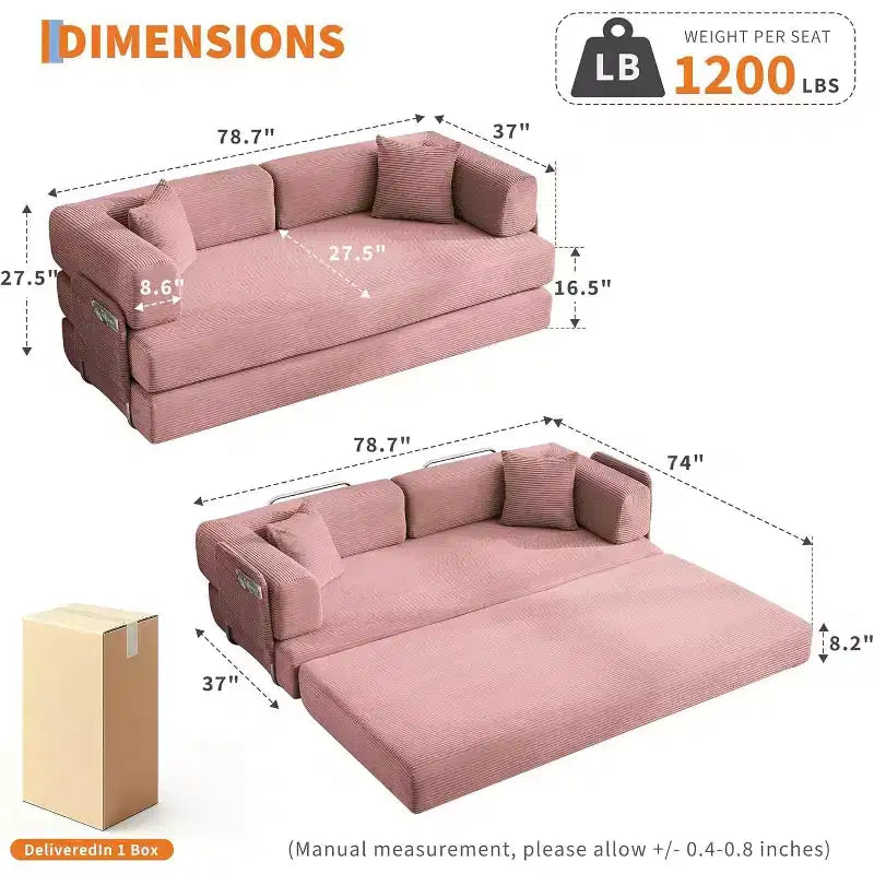 Convertible Chaise Lounge Sofa Bed, 78.8in Oversized Folding Chair with Pillow, Micro-Stripe Fabric for Living Room Apartment Dorm Guest Room