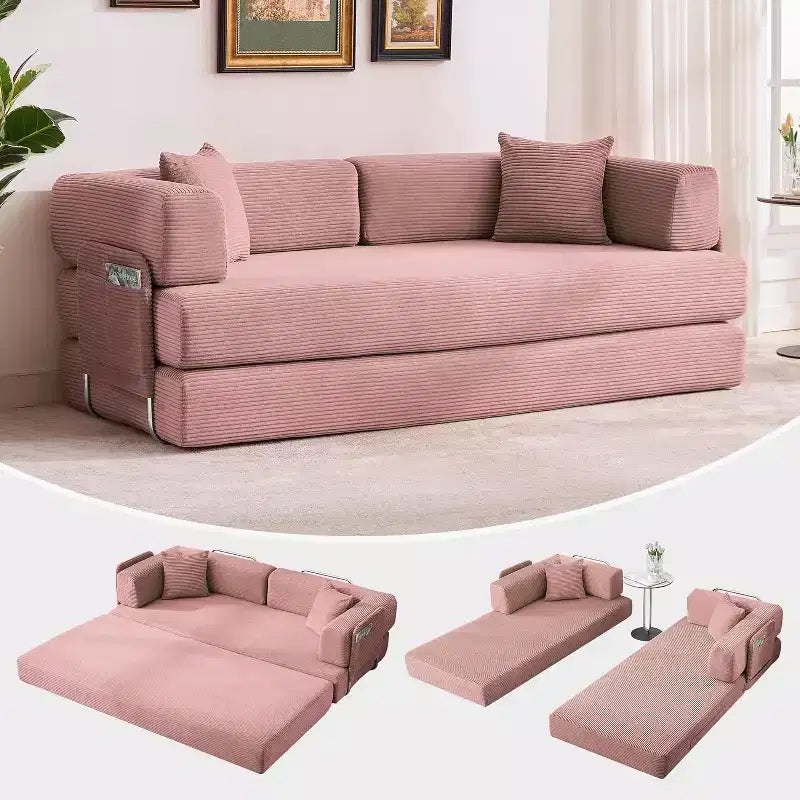 Convertible Chaise Lounge Sofa Bed, 78.8in Oversized Folding Chair with Pillow, Micro-Stripe Fabric for Living Room Apartment Dorm Guest Room