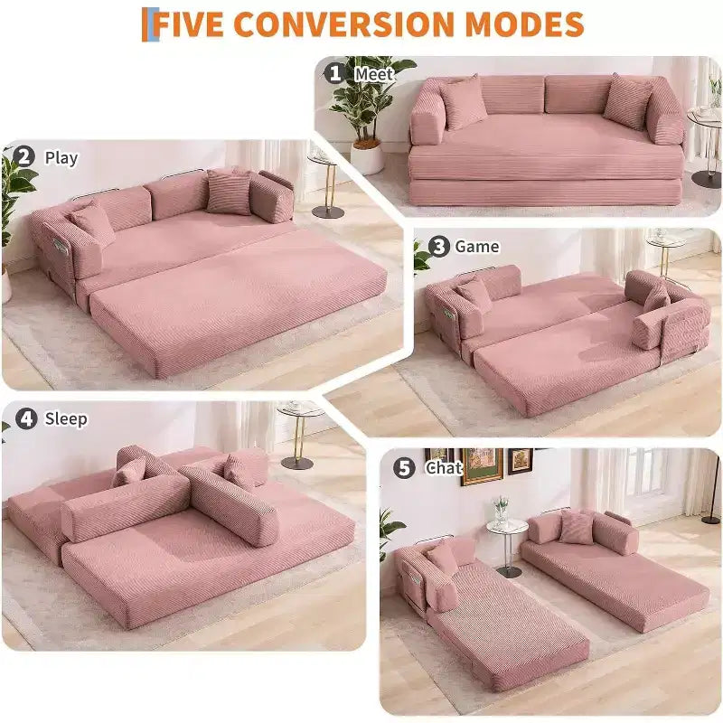 Convertible Chaise Lounge Sofa Bed, 78.8in Oversized Folding Chair with Pillow, Micro-Stripe Fabric for Living Room Apartment Dorm Guest Room