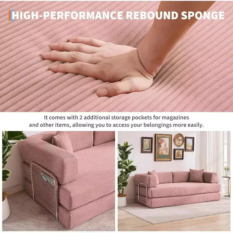 Convertible Chaise Lounge Sofa Bed, 78.8in Oversized Folding Chair with Pillow, Micro-Stripe Fabric for Living Room Apartment Dorm Guest Room