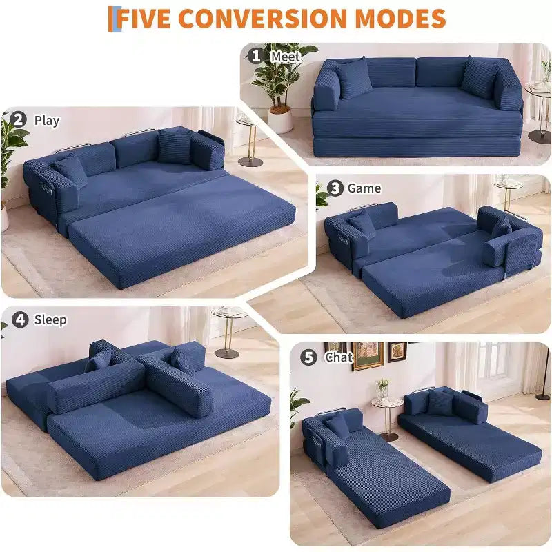 Convertible Chaise Lounge Sofa Bed, 78.8in Oversized Folding Chair with Pillow, Micro-Stripe Fabric for Living Room Apartment Dorm Guest Room