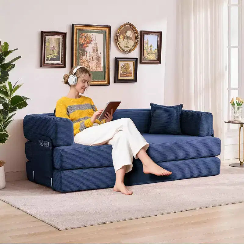 Convertible Chaise Lounge Sofa Bed, 78.8in Oversized Folding Chair with Pillow, Micro-Stripe Fabric for Living Room Apartment Dorm Guest Room