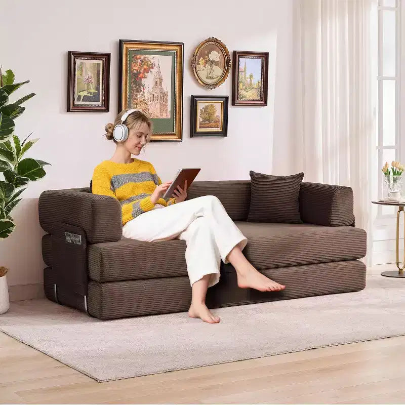 Convertible Chaise Lounge Sofa Bed, 78.8in Oversized Folding Chair with Pillow, Micro-Stripe Fabric for Living Room Apartment Dorm Guest Room