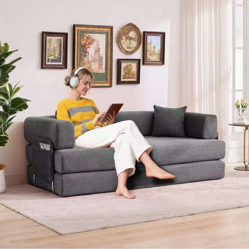 Convertible Chaise Lounge Sofa Bed, 78.8in Oversized Folding Chair with Pillow, Micro-Stripe Fabric for Living Room Apartment Dorm Guest Room