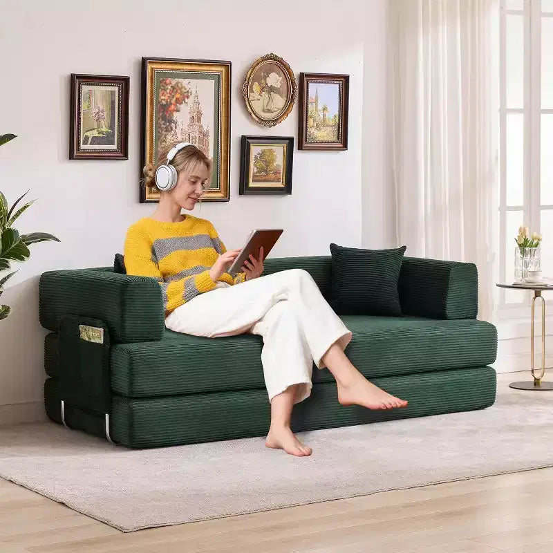 Convertible Chaise Lounge Sofa Bed, 78.8in Oversized Folding Chair with Pillow, Micro-Stripe Fabric for Living Room Apartment Dorm Guest Room