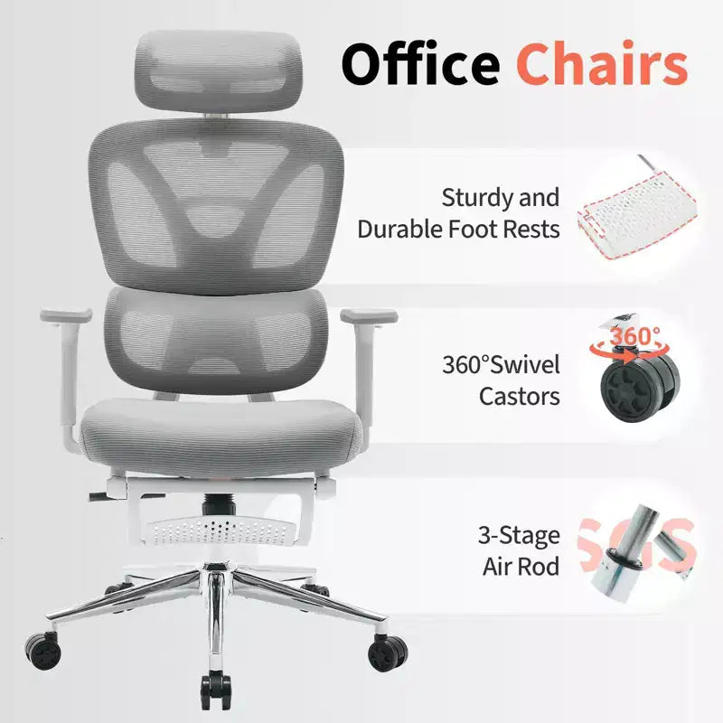 Ergonomic Mesh Office Chair with Adjustable Lumbar Support, Headrest and Footrest, 3D Armrests, Swivel Task Chair for Heavy Users