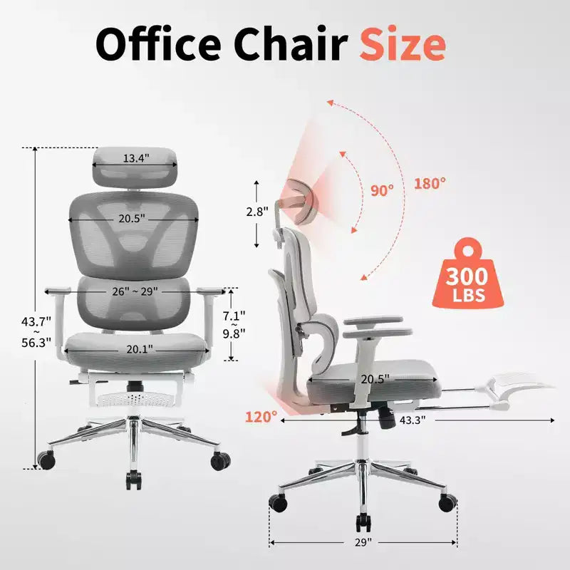 Ergonomic Mesh Office Chair with Adjustable Lumbar Support, Headrest and Footrest, 3D Armrests, Swivel Task Chair for Heavy Users