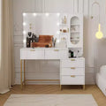 Modern Makeup Vanity Desk, Make Up Vanity Table with Lighted Mirror, Power Outlets, Large Storage Space, Wood Fluted Dressing Table for Women Girls