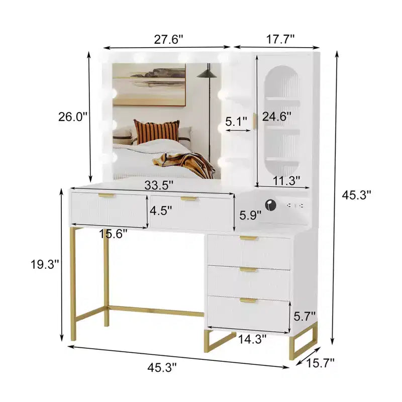 Modern Makeup Vanity Desk, Make Up Vanity Table with Lighted Mirror, Power Outlets, Large Storage Space, Wood Fluted Dressing Table for Women Girls