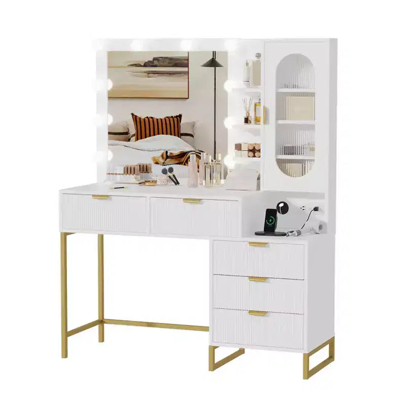 Modern Makeup Vanity Desk, Make Up Vanity Table with Lighted Mirror, Power Outlets, Large Storage Space, Wood Fluted Dressing Table for Women Girls