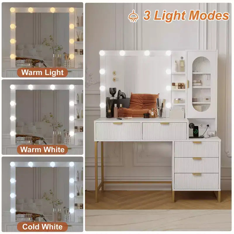 Modern Makeup Vanity Desk, Make Up Vanity Table with Lighted Mirror, Power Outlets, Large Storage Space, Wood Fluted Dressing Table for Women Girls