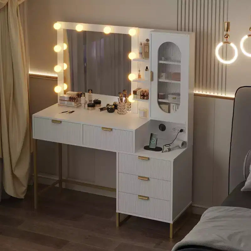 Modern Makeup Vanity Desk, Make Up Vanity Table with Lighted Mirror, Power Outlets, Large Storage Space, Wood Fluted Dressing Table for Women Girls