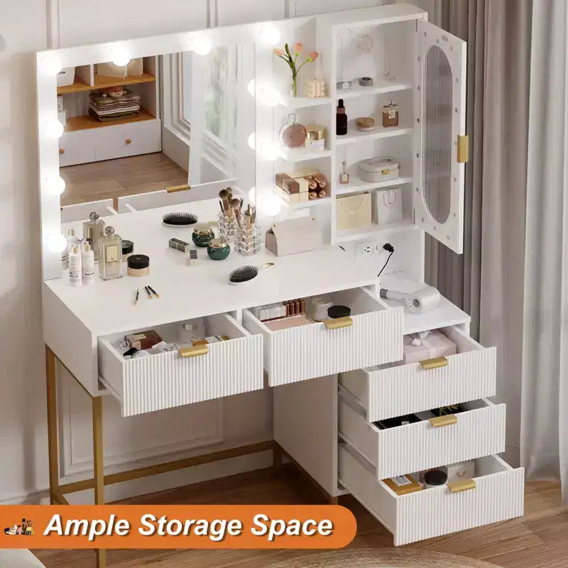 Modern Makeup Vanity Desk, Make Up Vanity Table with Lighted Mirror, Power Outlets, Large Storage Space, Wood Fluted Dressing Table for Women Girls