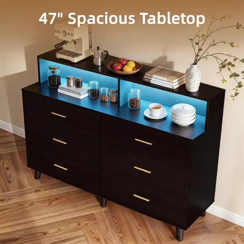 47.2 Coffee Bar Cabinet with Power Outlets, Freestanding Buffet Storage Cabinet with Drawers for Kitchen, Dining Room
