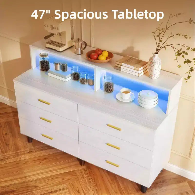 47.2 Coffee Bar Cabinet with Power Outlets, Freestanding Buffet Storage Cabinet with Drawers for Kitchen, Dining Room